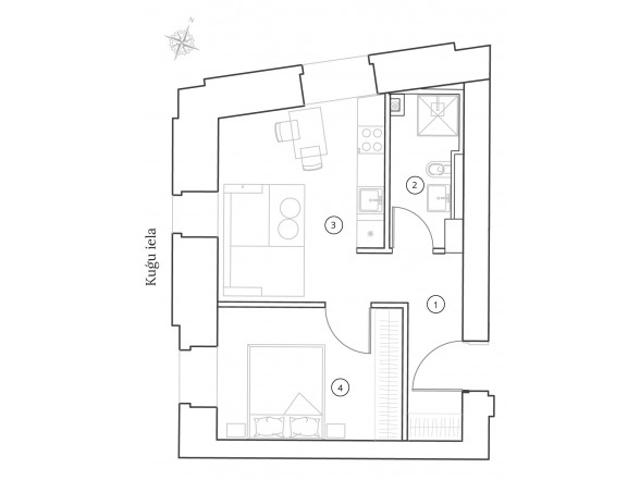  1. Stāvs   2 istabas  Platība: 37.9 m2 