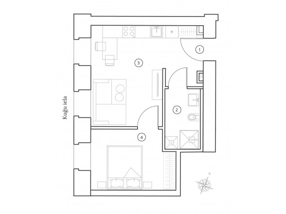  1. Stāvs   2 istabas  Platība: 38.45 m2 