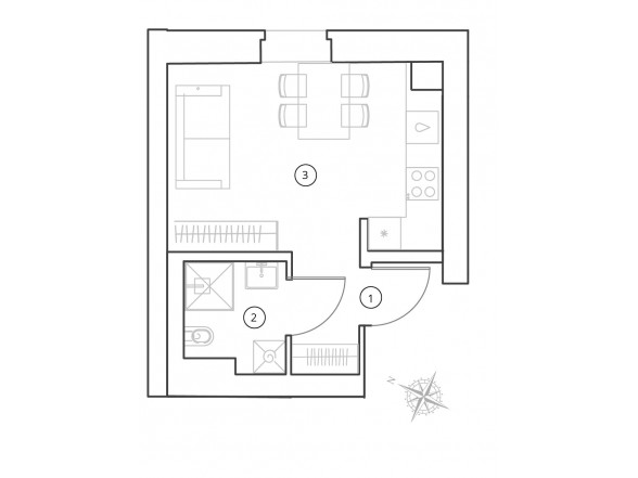  2. Stāvs   1 istabas  Platība: 23.89 m2 