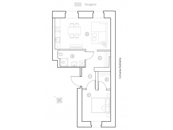  5. Stāvs   2 istabas  Platība: 49.8 m2 