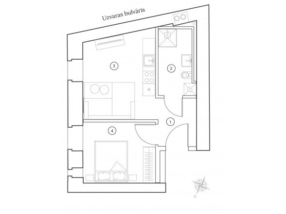  1. Stāvs   2 istabas  Platība: 34.4 m2 